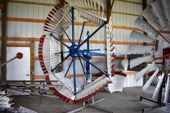 Elgin No 2 Restored Vaneless Windmill Head, 10' Wooden Fins, Chicken Tail Weight