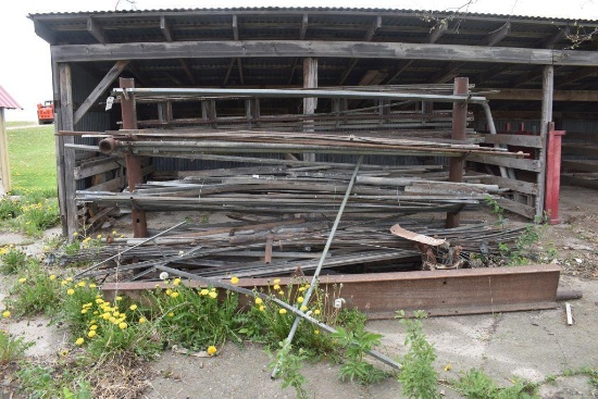 Assorted Tower Angle Iron, Parts, I-Beam, other metal items with iron stand