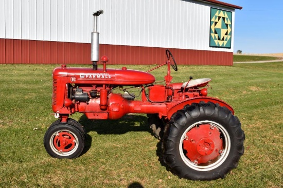 1945 Farmall B, Narrow Front, Belt Pully, Fenders, 11.2x24 Tires, PTO, Restored, SN: 135479