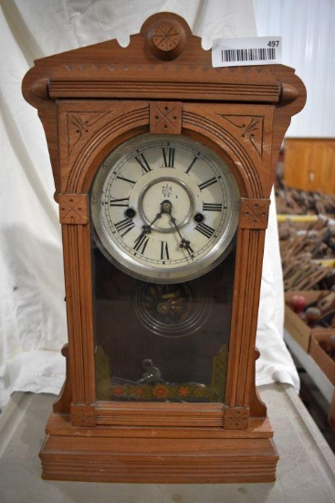 Walnut Waterbury Mantel Clock with Key and Pendulum 20" x 10"