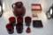 Ruby Red water pitcher and glasses, ashtray, bell