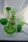 Green depression vases, curet, juicer and dishes