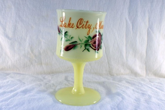 Custard glass goblet with Lake City MN advertising