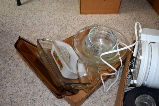 2 boxes of Pyrex baking dishes, Hamilton mixer, coffee pot