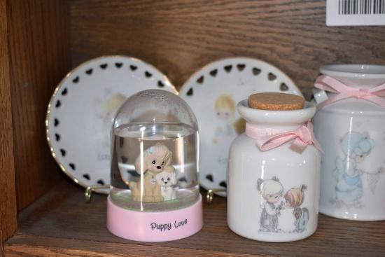 3 Precious Moments snow globes, 2 plates and 2 canisters