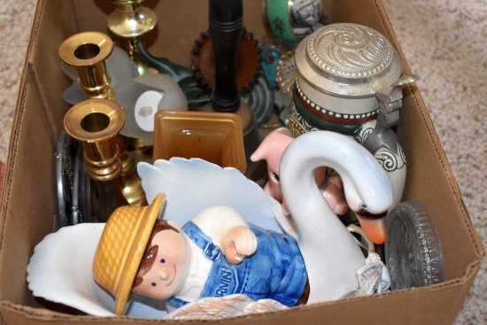Steins, candle stick holders,