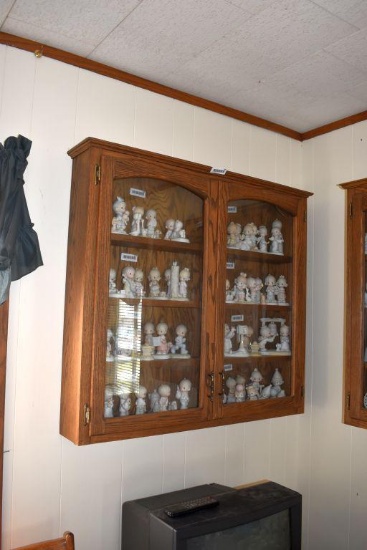 Oak wall mount 4 shelf hanging cabinet, 40" x 38" x 7" contents not included
