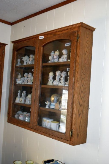 Oak wall mount 4 shelf hanging cabinet, 40" x 38" x 7" contents not included