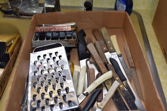 Assorted kitchen utensils and knives, 2 boxes
