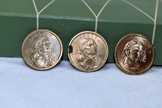 (2) 2000 Sacagawea dollar coin, James Madison dollar coin