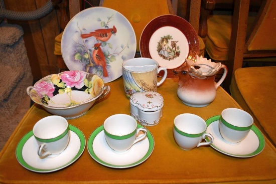 Lefton China Plates, Noritake Bowl, Czech Stag Creamer, Mustache Cup