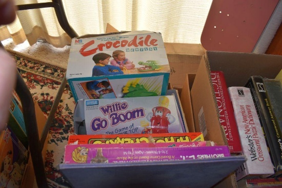 Assortment of Books and Children's Games, iron board, note pads, 4 boxes total