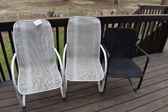 3 Metal patio chairs with mesh bottoms