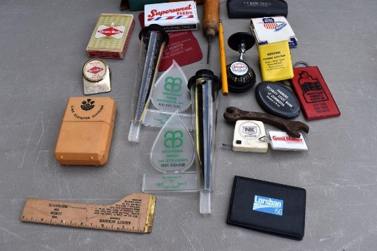Advertising items Pioneer knives, brushes, rain gauges, Grain Belt items