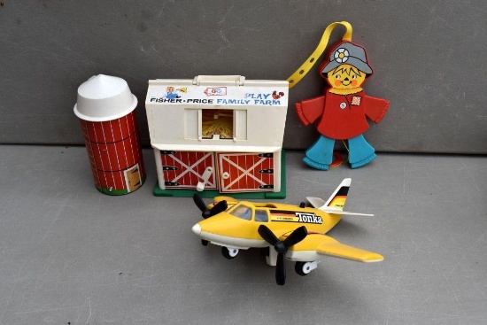 Tonka air plane, Fisher Price barn and silo