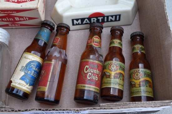 Beer bottle salt and peppers, Seagram's 7 display, Grain Belt mini beer case