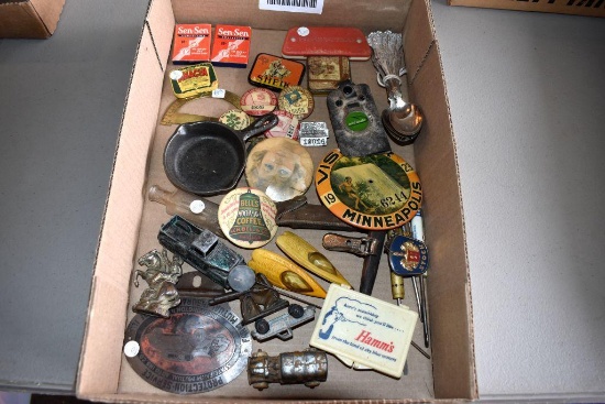Spoons, chauffer badges, advertising tins