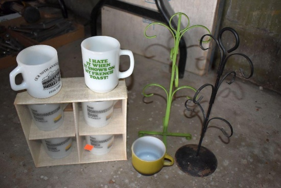 Fire King advertising coffee cups from Faribault and holder