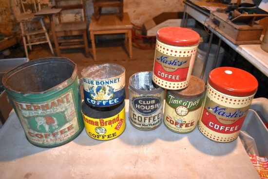 Assorted advertising coffee tins