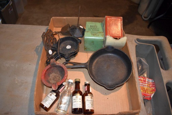 2 match box holders, Windsor shakers, cast iron pans
