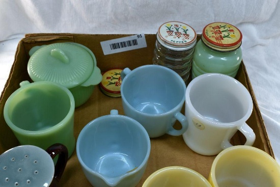 Fire King creamer & sugars, coffee cups, Hall tea pot