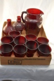 Ruby Red water pitcher with 9 glasses and 2 vases