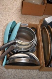 2 boxes of pots, pans and baking sheets