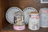 3 Precious Moments snow globes, 2 plates and 2 canisters