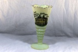 Custard glass vase with South MN Normal College Austin MN advertising
