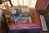 Assortment of Books and Children's Games, iron board, note pads, 4 boxes total