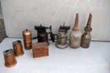 Oil Bottles with Mobil A Oil Top, two gas torches and copper items