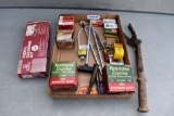 Assortment of ammo, gun cleaning kit, thrower