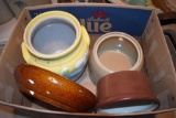 Stoneware cookie jars, bowl, butter tub