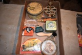 Hair pins, perfume bottle, tins, buttons, assorted items