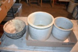 Hanging stoneware planter good condition and 2 stoneware butter tubs with damage