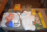 Howdy Doody apron, Supersweet Feeds paper banner, advertising items, A&W root beer mug