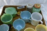 Fire King creamer & sugars, coffee cups, Hall tea pot