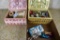 Assortment of sewing items and sewing basket