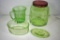 Green depression cookie jar, pitcher and refrigerator jar