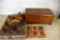 Wooden items, blocks, saddle, dresser box