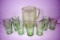 Green depression water pitcher, and 10 glasses