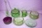 Green depression dresser jars, vase and dishes