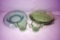 Green depression platters, creamer & sugar and centerpiece