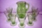 Green depression water pitcher, and 7 glasses