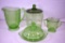 Green depression water pitcher, biscuit jar, covered butter dish