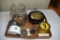 Assortment of tins, advertising screw drivers, frogs