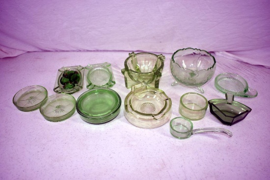 Green depression covered jars, coasters, ashtrays