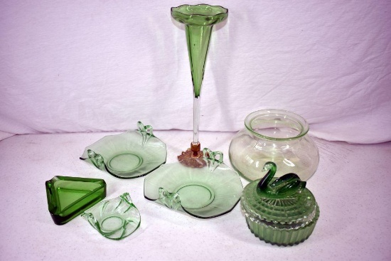 Green depression covered jars, ashtray, vases, dishes