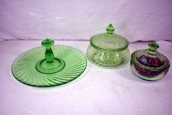 Green depression serving tray and 2 dresser jars