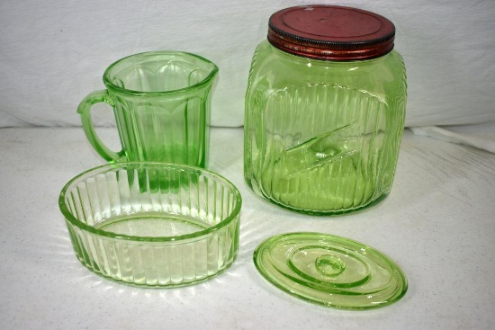 Green depression cookie jar, pitcher and refrigerator jar